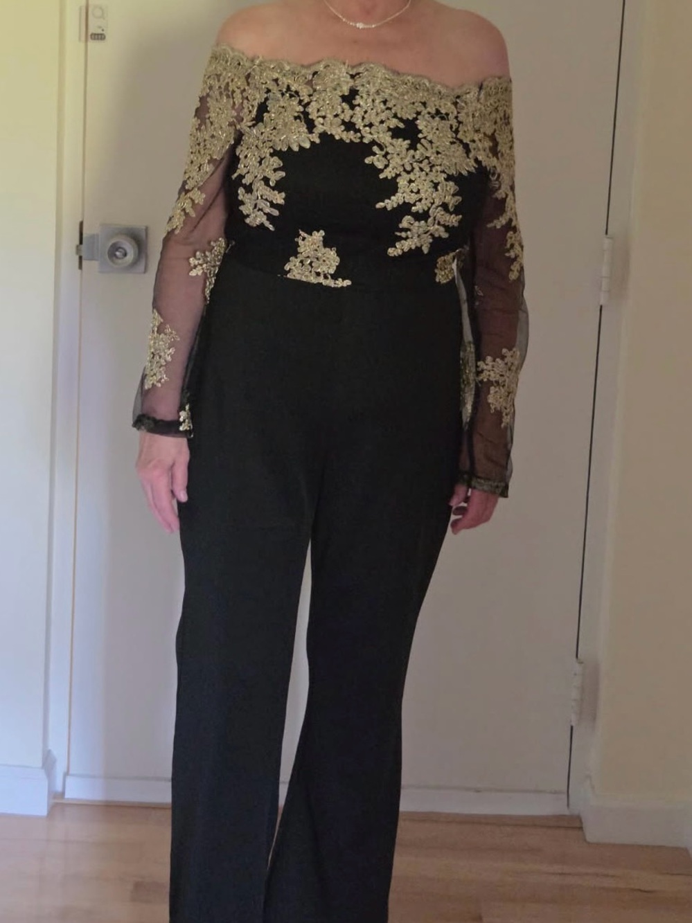 Off-Shoulder Black Jumpsuit with Gold Lace Detail